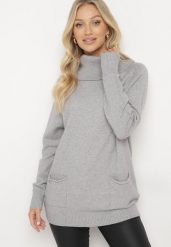 Szary Golf z Wiskozą Zdobiony Wsuwanymi Kieszonkami Viaela. Szare swetry Born2be, l, z aplikacjami, z jeansu, eleganckie, plus size, bez ramiączek. W wyprzedaży za 76.49 zł.