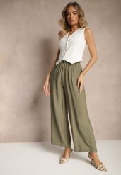 Zielone Spodnie o Szerokim Kroju High Waist z Wiązaniem Fenalin. Zielone jeansy Renee, bez wzorów, z jeansu, eleganckie, z podwyższonym stanem. W wyprzedaży za 35.99 zł.