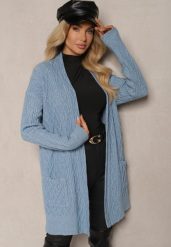 Niebieski Kardigan Nierozpinany o Długim Kroju Ozdobiony Tłoczeniem Vailithe. Niebieskie swetry Renee, s, z aplikacjami, z jeansu, eleganckie, bez ramiączek. Za 139.99 zł.