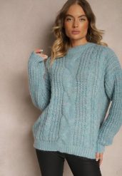 Jasnoniebieski Sweter z Wełną Ozdobiony Tłoczeniem Ecrisevia. Niebieskie swetry Renee, bez wzorów, z jeansu, casualowe, bez ramiączek. W wyprzedaży za 63.99 zł.