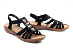 RIEKER 60875-00 black, sandały damskie. Czarne sandały Rieker, bez wzorów, bez obcasa, bez zapięcia. Za 289.90 zł.