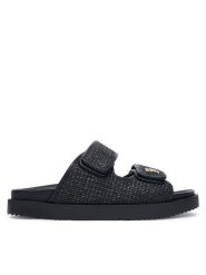 Tommy Hilfiger Klapki Double Strap Raffia FW0FW09122 Czarny. Czarne klapki Tommy Hilfiger, bez wzorów, z syntetyku, bez obcasa, bez zapięcia. Za 529.99 zł.