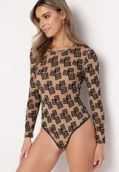 Beżowe Siateczkowe Body Ozdobione Geometrycznym Wzorem Kieria. Brązowe body i gorsety Born2be, bez wzorów, z materiału, bez ramiączek. Za 59.99 zł.