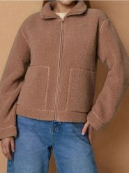 Bluza sherpa - brązowy. Brązowe bluzy Sinsay, l, bez wzorów, bez ramiączek, bez kaptura. Za 59.99 zł.