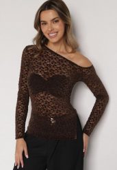 Brązowa Koronkowa Bluzka z Długim Rękawem i Asymetrycznym Dekoltem Liwedara. Brązowe bluzki Born2be, l, bez wzorów, z jeansu, eleganckie, z asymetrycznym kołnierzem, bez ramiączek. Za 99.99 zł.