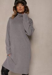 Szara Sukienka Sweterkowa Golf z Bawełną i Wełną Ilanithe. Szare sukienki Renee, l, bez wzorów, z bawełny, eleganckie, bez ramiączek. W wyprzedaży za 63.99 zł.