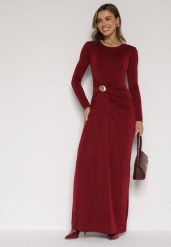 Bordowa Taliowana Sukienka o Eleganckim Kroju z Marszczeniem i Aplikacją Sewedina. Czerwone sukienki Born2be, na imprezę, s, z aplikacjami, z futra, eleganckie, bez kołnierzyka, bez ramiączek, maxi, dopasowane. Za 139.99 zł.