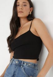 Czarny Top Haidithoe. Czarne topy Born2be, l, bez wzorów, z bawełny, bez kołnierzyka, bez ramiączek. Za 39.99 zł.