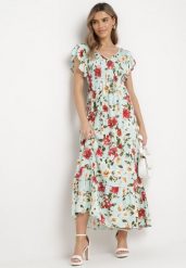 Jasnozielona Rozkloszowana Sukienka Maxi z Wiskozy w Kwiatowy Print Unadis. Zielone sukienki Born2be, l, bez wzorów, z wiskozy, bez kołnierzyka, bez ramiączek, maxi, rozkloszowane. Za 119.99 zł.