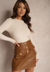 Beżowy Sweter z Dodatkiem Bawełny z Prążkowanego Materiału Mevalay. Brązowe swetry Renee, s, bez wzorów, z bawełny, casualowe, bez ramiączek. Za 49.99 zł.