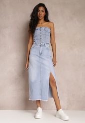 Niebieska Jeansowa Spódnica Maxi z Wysokim Stanem Elvi. Niebieskie spódnice Renee, m, z aplikacjami, z jeansu, maxi. W wyprzedaży za 107.99 zł.