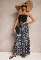 Czarno-Granatowe Spodnie Szerokie z Wiskozy w Ornamentalny Wzór High Waist Cramelia. Czarne jeansy Renee, m, bez wzorów, z jeansu, z podwyższonym stanem, długie. W wyprzedaży za 43.99 zł.