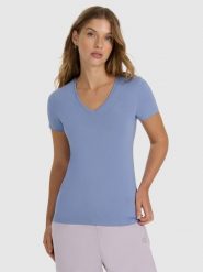 4F T-shirt slim gładki damski - granatowy XS. Niebieskie t-shirty 4f, xs, bez wzorów, z bawełny, bez kołnierzyka, bez ramiączek. Za 59.99 zł.
