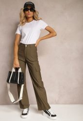 Ciemnozielone Spodnie o Szerokim Fasonie z Kieszeniami w Stylu Cargo Adileva. Zielone jeansy Renee, m, bez wzorów, z jeansu, eleganckie, długie. W wyprzedaży za 47.99 zł.