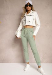 Jasnozielone Spodnie Dresowe z Bawełny High Waist Ozdobione Kieszeniami na Suwak Fedela. Zielone jeansy Renee, bez wzorów, z bawełny, eleganckie, z podwyższonym stanem, długie. W wyprzedaży za 43.99 zł.