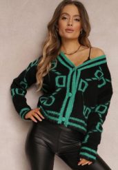Czarno-Zielony Kardigan Sethoy. Czarne swetry Renee, m, bez wzorów, z dzianiny, vintage, bez ramiączek. W wyprzedaży za 111.99 zł.