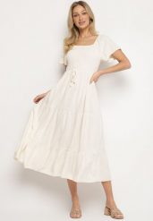 Jasnobeżowa Sukienka z Wiskozą Lnem i Elastyczną Górą Ellisena. Brązowe sukienki Born2be, na co dzień, m, bez wzorów, z wiskozy, eleganckie, bez kołnierzyka, bez ramiączek, midi, proste. Za 149.99 zł.