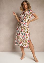 Beżowo-Zielona Sukienka z Wiskozą o Koszulowym Kroju z Paskiem z Klamrą w Etno Print Jenavianea. Brązowe sukienki Renee, na co dzień, l, bez wzorów, z wiskozy, eleganckie, bez kołnierzyka, bez ramiączek, midi, kopertowe. W wyprzedaży za 75.99 zł.