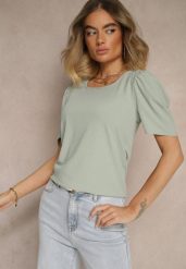 Zielony T-shirt z Prążkowanej Tkaniny z Zakładkami przy Rękawach Kolaniella. Zielone t-shirty Renee, l, bez wzorów, z jeansu, eleganckie, bez kołnierzyka, bez ramiączek. W wyprzedaży za 31.99 zł.
