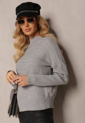 Szary Asymetryczny Sweter z Wełną Ozdobiony Tłoczeniem Aurorrsa. Szare swetry Renee, bez wzorów, z tkaniny, casualowe, bez ramiączek. W wyprzedaży za 135.99 zł.