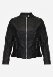 Czarna Kurtka Ramoneska o Taliowanym Kroju ze Stójką na Nap Lissae. Czarne kurtki Born2be, plus size, bez wzorów, z jeansu, eleganckie, bez kaptura. Za 119.99 zł.