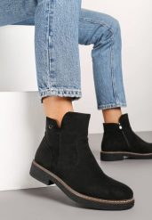 Czarne Botki na Płaskiej Podeszwie z Ozdobnymi Przeszyciami Harirae. Czarne botki Renee, bez wzorów, z jeansu, eleganckie, z okrągłym noskiem, bez obcasa, na płaskiej podeszwie, bez zapięcia. Za 89.99 zł.
