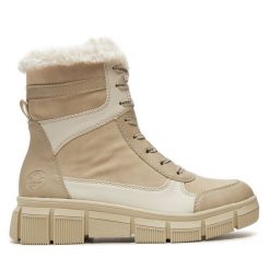 Botki Rieker. Brązowe botki Rieker, bez wzorów, bez obcasa, na płaskiej podeszwie, bez zapięcia. Za 335.00 zł.