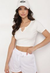Beżowy Bawełniany T-shirt z Prążkowanego Materiału Linalora. Brązowe t-shirty Born2be, l, bez wzorów, z bawełny, biznesowe, bez kołnierzyka, bez ramiączek. W wyprzedaży za 25.49 zł.