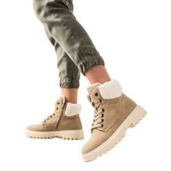 Stylowe Traperki Z Eko Skóry beżowy. Brązowe botki bez wzorów, ze skóry ekologicznej, eleganckie, za kostkę, bez obcasa, bez zapięcia. Za 231.88 zł.