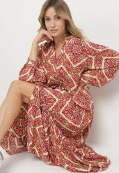 Bordowa Rozkloszowana Sukienka z Wiskozy Zapinana na Guziki z Falbanką Nrines. Czerwone sukienki Born2be, na co dzień, l, bez wzorów, z wiskozy, eleganckie, bez kołnierzyka, bez ramiączek, maxi, rozkloszowane. W wyprzedaży za 90.99 zł.