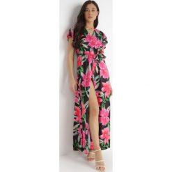 Czarno-Różowa Sukienka Auclair. Czarne sukienki Born2be, s, z aplikacjami, z materiału, eleganckie, bez kołnierzyka, bez ramiączek, maxi, kopertowe. Za 179.99 zł.