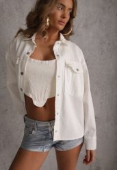 Biała Jeansowa Kurtka Koszulowa z Bawełny z Kieszeniami Desreta. Białe kurtki Renee, l, bez wzorów, z bawełny, bez kaptura. Za 169.99 zł.