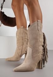 Ciemnobeżowe Botki w Stylu Kowbojek na Obcasie z Frędzlami Reinasea. Brązowe botki Born2be, bez wzorów, z jeansu, klasyczne, bez obcasa, na obcasie, bez zapięcia. Za 99.99 zł.