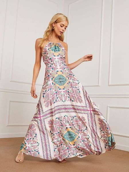 Milan Kiss Sukienka w kolorze kremowo-różowo-niebieskim rozmiar: M. Brązowe sukienki Milan Kiss, m, bez wzorów, bez kołnierzyka, bez ramiączek, maxi, rozkloszowane. Za 225.05 zł.