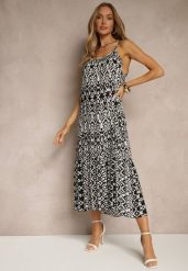 Czarna Bawełniana Sukienka w Geometryczny Wzór Koloniela. Czarne sukienki Renee, na co dzień, l, bez wzorów, z bawełny, eleganckie, bez kołnierzyka, bez ramiączek, midi. W wyprzedaży za 43.99 zł.