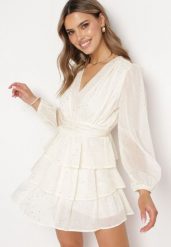 Jasnobeżowa Mini Sukienka Rozkloszowana z Metalicznym Nadrukiem i Falbankami Elawnia. Brązowe sukienki Born2be, l, bez wzorów, eleganckie, bez kołnierzyka, bez ramiączek, mini, rozkloszowane. W wyprzedaży za 118.99 zł.