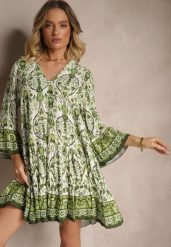 Zielona Sukienka z Wiskozą o Rozkloszowanym Kroju w Etniczny Print Aledia. Zielone sukienki Renee, na co dzień, l, bez wzorów, z materiału, bez kołnierzyka, bez ramiączek, mini, proste. W wyprzedaży za 99.99 zł.