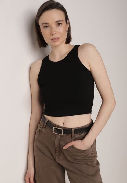Czarny Top z Prążkowanego Materiału Zitessa. Czarne topy Born2be, m, bez wzorów, z jeansu, eleganckie, bez kołnierzyka, bez ramiączek. Za 24.99 zł.