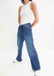 Dżinsy High Waist Wide Leg, z bawełny organicznej. Niebieskie jeansy bonprix, bez wzorów, z bawełny, z podwyższonym stanem. Za 149.99 zł.