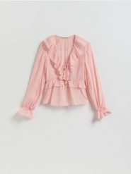 Bluzka z falbanami - różowy. Czerwone bluzki Reserved, l, bez wzorów, z tkaniny, bez kołnierzyka, bez ramiączek. Za 129.99 zł.
