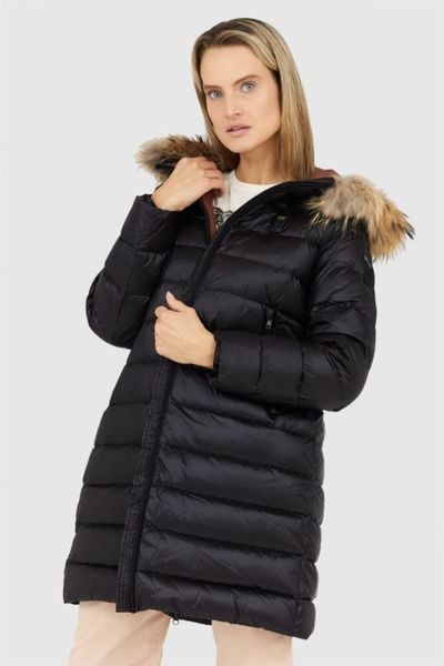 BLAUER Czarna kurtka puchowa damska z odpinanym futrem jenota, Rozmiar S. Czarne kurtki Blauer USA, s, bez wzorów, z puchu, bez kaptura. W wyprzedaży za 1,599.99 zł.