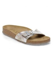 Birkenstock Klapki "Madrid" w kolorze srebrnym rozmiar: 36. Szare klapki Birkenstock, bez wzorów, ze skóry, klasyczne, z otwartym noskiem, bez obcasa, bez zapięcia. Za 324.95 zł.