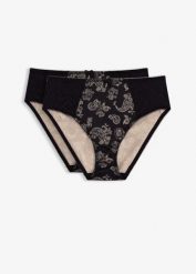 Figi z wysokim stanem z delikatną koronką (2 szt.). Czarne figi bonprix, bez wzorów, z koronki, z podwyższonym stanem. Za 77.99 zł.