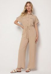 Beżowy Kombinezon o Koszulowym Kroju z Krótkim Rękawem i Wiązaniem w Talii Mareriela. Brązowe sukienki Born2be, na spotkanie biznesowe, l, bez wzorów, bez kołnierzyka, bez ramiączek, mini, koszulowe. Za 89.99 zł.