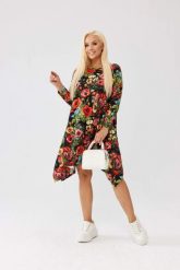 Asymetryczna tunika w maki OVERSIZE PLUS SIZE XXL JESIEŃ. Czarne tuniki Moda Size Plus Iwanek, plus size, bez wzorów, z bawełny, eleganckie, z asymetrycznym kołnierzem, bez ramiączek. Za 179.90 zł.