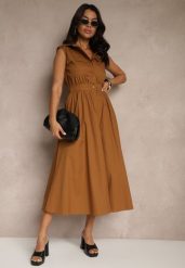 Brązowa Sukienka Koszulowa z Bawełny Ozdobiona Kieszonkami Saviette. Brązowe sukienki Renee, na co dzień, m, bez wzorów, z bawełny, eleganckie, bez kołnierzyka, bez ramiączek, maxi, koszulowe. W wyprzedaży za 111.99 zł.