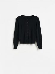 Kardigan z wełną - czarny. Czarne swetry Reserved, l, bez wzorów, z dzianiny, bez ramiączek. Za 139.99 zł.