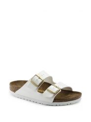 Birkenstock Klapki w kolorze białym rozmiar: 37. Białe klapki Birkenstock, bez wzorów, z materiału, klasyczne, z otwartym noskiem, bez obcasa, bez zapięcia. Za 318.45 zł.