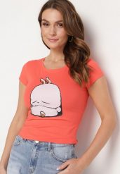 Pomarańczowy Bawełniany T-shirt z Ozdobnym Nadrukiem Ianestra. Brązowe t-shirty Born2be, m, bez wzorów, z bawełny, bez kołnierzyka, bez ramiączek. Za 49.99 zł.