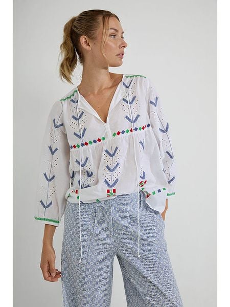 Josephine & Co Bluzka "Dustin" w kolorze biało-niebieskim rozmiar: 42. Białe bluzki Josephine & Co, z aplikacjami, z bawełny, bez kołnierzyka, bez ramiączek. Za 187.96 zł.